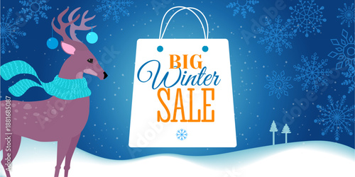 Cartoon style horizontal winter sale banner with a cute deer, snowy winter landscape and decorative snowflake ornament. Bright festive design for online ads, websites, promotions and seasonal marketin