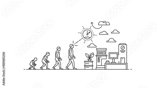 A vector graphic illustrating human evolution to modern technology and office work