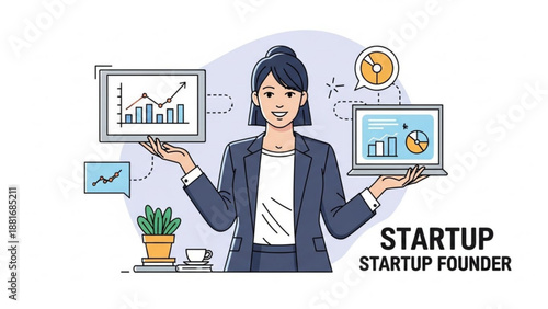 A cartoon illustration of a startup founder presenting business charts and graphs