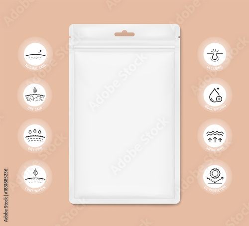 Realistic sachet bag mockup with slot hole with set icons for cosmetic product. Vector illustration on colour background.  Can be use for template your design, presentation, promo, ad. EPS10.