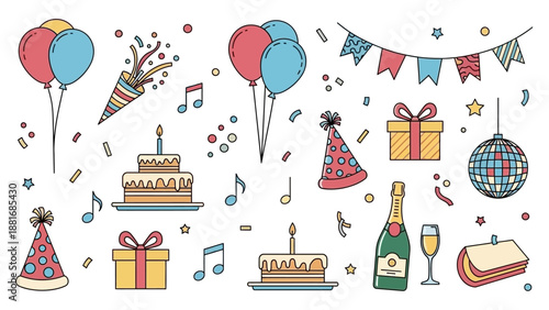 A vibrant collection of birthday party elements including cakes, balloons, gifts, party hats, confetti, and a disco ball.