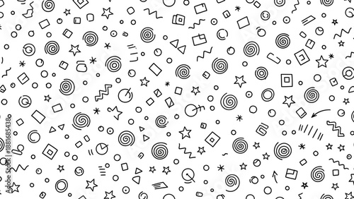 A whimsical and abstract pattern featuring a variety of hand-drawn doodle shapes and symbols on a white background.