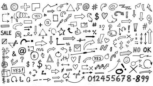 A large collection of hand-drawn doodle icons including arrows, symbols, numbers, and speech bubbles.