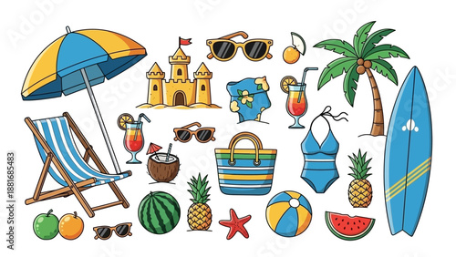 A vibrant collection of summer beach vacation icons including a deck chair, umbrella, sandcastle, sunglasses, cocktails, and a surfboard.