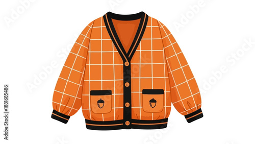 A vibrant orange checkered cardigan with black and white trim, featuring acorn pocket details and a V-neckline, presented on a white background.