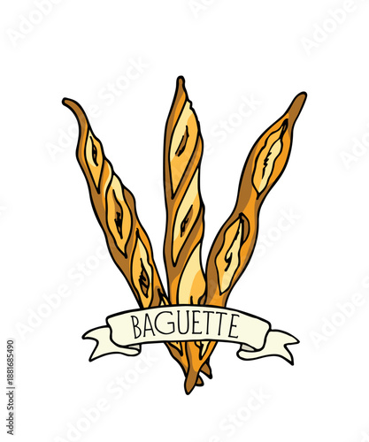 Vector illustration of a bunch of hand drawn traditional French baguettes. Ink drawing, graphic style. Beautiful food design elements.