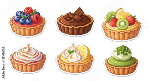 Assorted desserts and fruit tarts are displayed on a table with chocolate and cream toppings.