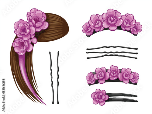 Decorative Hair Accessories with Purple Flowers and Clips