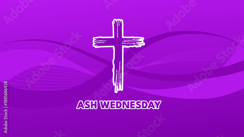 Ash wednesday banner with white cross and purple abstract background