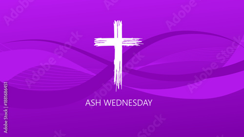 Ash wednesday banner with white cross and purple abstract background