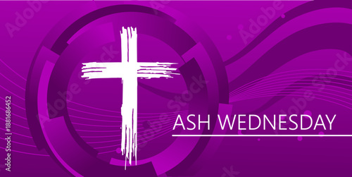 Ash wednesday banner with white cross and purple abstract background