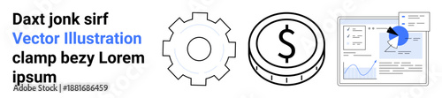 Business strategy, financial planning, economic growth, data analysis, investments, productivity. Gear, dollar coin and analytics chart. Business strategy and financial planning concepts