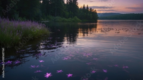Serene lakeside at dusk with blooming pink flowers floating on water, surrounded by lush forests
