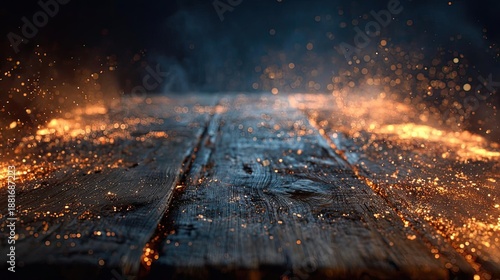 Blank wooden table with fire and smoke concept. Close-up of glowing embers on a dark, textured wooden surface.