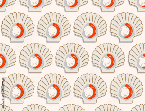 Hand drawn scallop shell seamless pattern with sea scallop meat and coral, minimal flat vector repeat on pastel background. Cute seafood texture for packaging, textile, wallpaper, sushi menu design.

