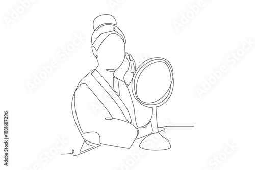 Women who use skincare in the morning. Morning skincare routine concept one-line drawing