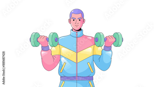 Illustration of a man lifting dumbbells in a colorful tracksuit from a front view
