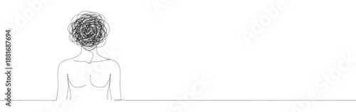 One continuous line drawing of person with a tangled mess instead of a head, symbolizing confusion and mental stress. Minimalist style