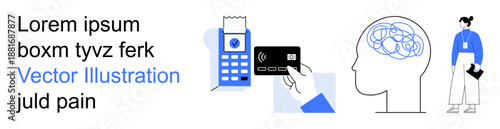 Mobile payments, cognitive science, mental wellness, technology trends, financial security, artificial intelligence. A person processing a card payment, a brain diagram, and a professional woman