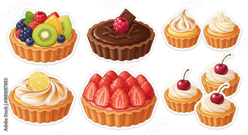 Assorted desserts and fruit tarts are displayed on a table with chocolate and cream toppings.
