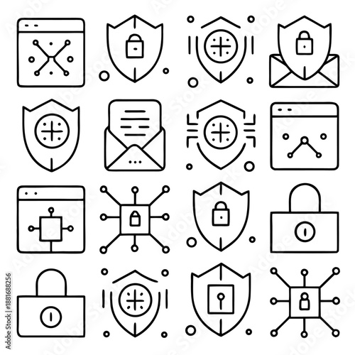 Secure connection icon set: data protection, shield, lock, and encryption symbols