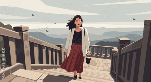 Woman walking on a wooden bridge with a scenic mountain view.