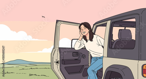 Woman exiting a vehicle in a serene landscape at sunset.