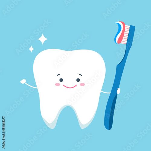 A cheerful cartoon tooth stands with a tube of toothpaste and a toothbrush, promoting dental hygiene and a healthy smile for all ages.