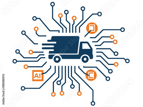 AI-powered logistics route icon featuring a truck integrated with circuit board design. Modern, digital, and visually appealing for business and technology themes.