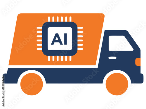 An AI truck icon showcases intelligent logistics. Modern, vibrant design with a blue and orange color scheme. Perfect for tech, delivery, and transportation themes.