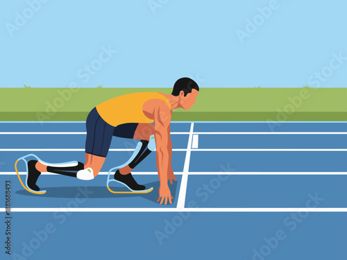 An athlete with bionic running blades starts a race on a track. Dynamic action shot, vibrant colors, and a focus on athletic performance. Suitable for sports, technology, and disability themes.