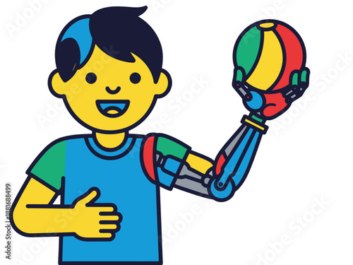 A smiling young boy confidently holds a bionic arm and a colorful beach ball. Vibrant colors and a playful design showcase child empowerment and technology. Suitable for diverse commercial use.