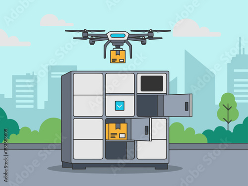 A drone delivers a package to a smart locker. Modern urban setting with a futuristic pickup solution. Ready for pickup!