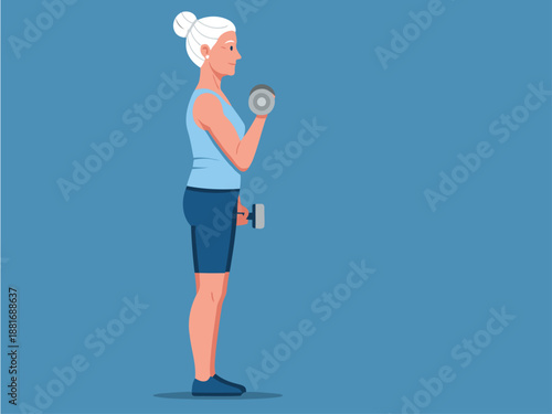 An elderly woman performs weight training with dumbbells, promoting active aging.  Clear, bright illustration for health and wellness campaigns.
