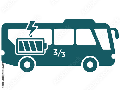 Electric bus charging icon displays 3/3 battery level. Clean, modern design with a teal bus and lightning bolt. Ideal for tech, transportation, and energy themes.