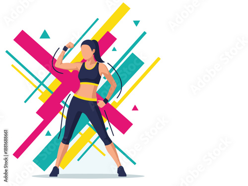 Fit woman powerfully poses with geometric shapes, showcasing body transformation. Vibrant colors and dynamic lines create a modern, motivational image for fitness and wellness campaigns.