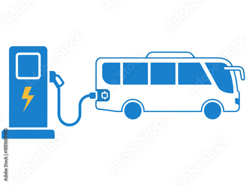 Electric bus charging at a station. Clean, modern illustration. Ideal for EV, sustainability, and transportation themes. Bright blue and white color scheme.
