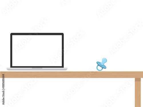 A freelance parent balances work and childcare ? a laptop, coffee, and baby essentials on a desk. Modern, relatable, and commercially viable.