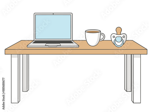 A freelance parent works at a desk with a laptop, coffee, and pacifier. A relatable scene of modern work-life balance. Clean, bright, and inviting.
