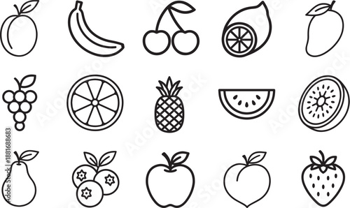 a variety of fruits, each rendered in a clean, modern line style, which are isolated for versatile design application.