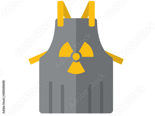 A gray radiation safety apron with a radioactive symbol protects a hospital worker. Clean, modern graphic design. Suitable for medical, safety, and industrial themes.