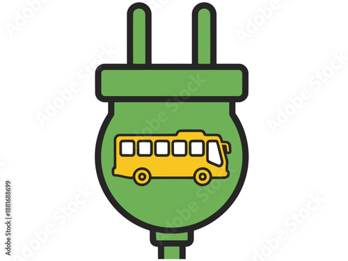A green bus plug powers a school bus, symbolizing green energy and sustainable transportation. Clean, modern illustration for environmental themes.
