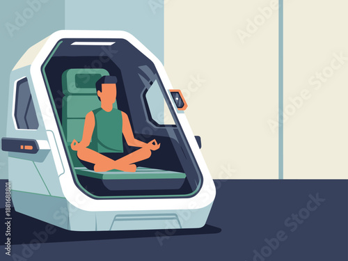 A man meditates in a futuristic recovery pod, promoting wellness and relaxation. Clean, modern design with a focus on health and mindfulness. Ideal for health & wellness visuals.