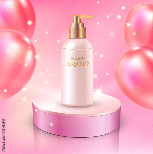 Conceptual beauty illustration featuring a realistic pearlescent cosmetic jar on a pink podium, surrounded by glossy pink balloons on a soft pastel background. Ideal for skincare branding, cosmetic ad