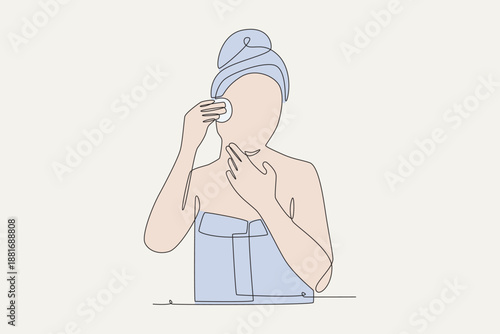 Colored Women who use skincare in the morning. Morning skincare routine concept one-line drawing