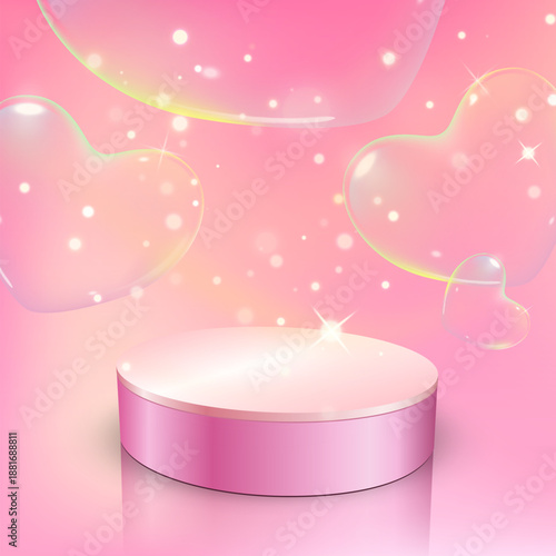 Square romantic scene with glossy pink cylindrical podium on soft light pink background. Floating bubble hearts and tiny glowing lights create magical Valentine atmosphere, perfect for love themed pro