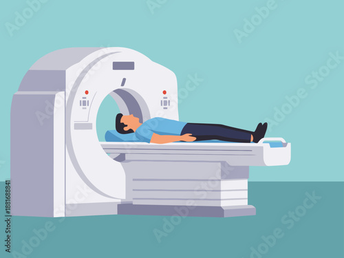 A man lies inside a CT scan machine. Medical imaging, diagnostic procedure, healthcare. Clear, modern illustration.