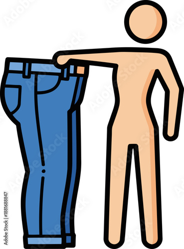 A man tries on oversized jeans, comparing them to slim-fit jeans. Illustrative graphic showcasing size differences. Clean, modern style.