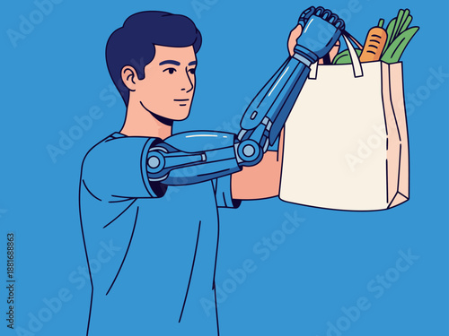 A young man with a bionic arm carries groceries. Modern illustration showcasing assistive technology and daily life. Clean, bright design.