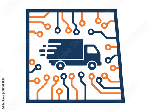 Modern AI logistics route icon featuring a delivery truck integrated with circuit board design. Clean, professional, and visually appealing for business and technology themes.